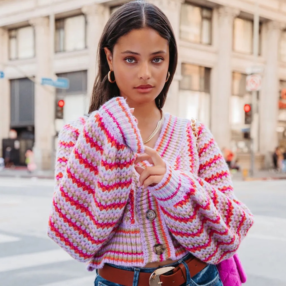 Vici Pink Lavender Striped Cropped Knit Cardigan